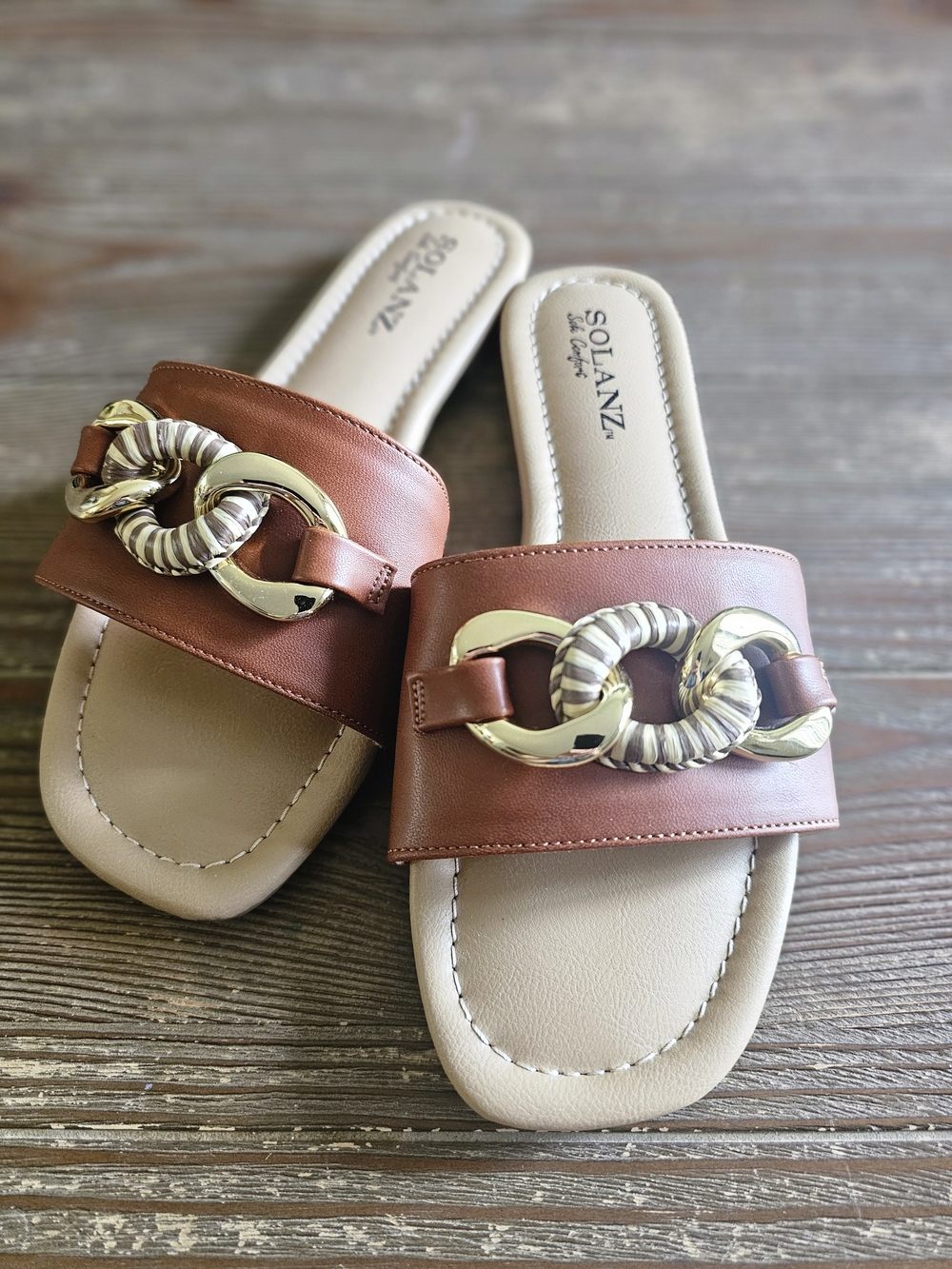 Brown Leather Slide Sandals with Gold Chain Accent